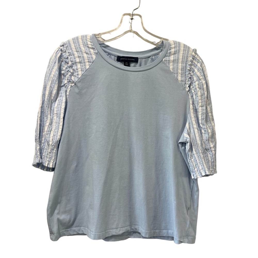 Tommy Hilfiger shirt large women light blue Elbow Cotton Elastase Scoop Neck